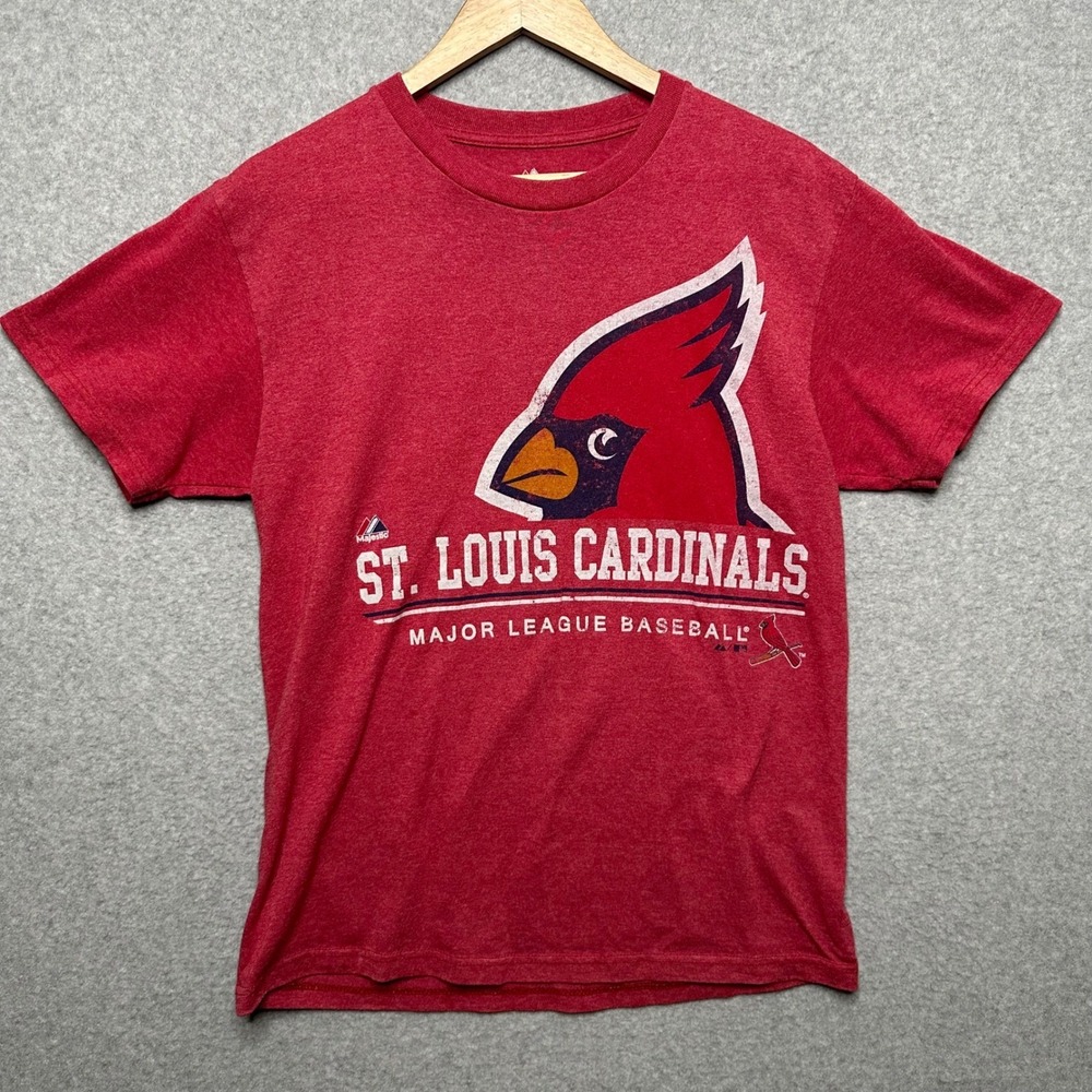 St Louis Cardinals MLB T-Shirt Mens Medium Red Heather Graphic Majestic Tee